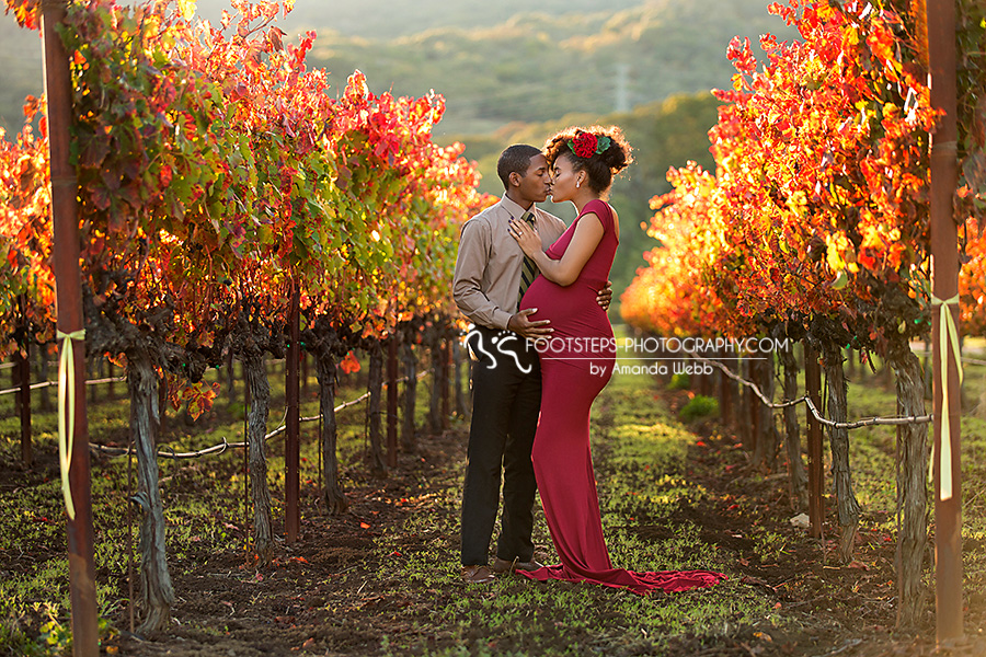 red dress fall maternity vineyard